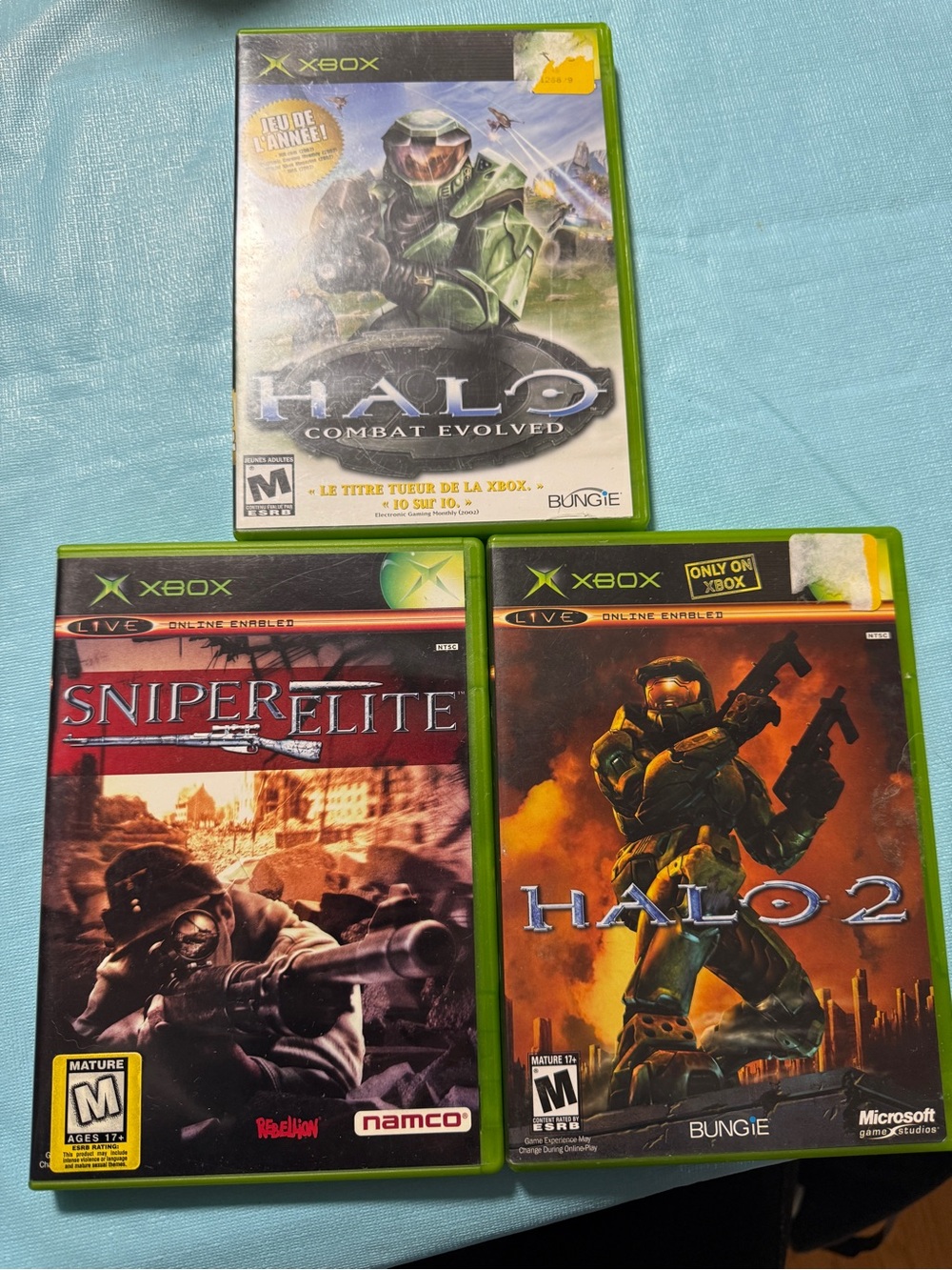 Xbox Green Game Case Set with Halo, Halo 2, and Sniper Elite